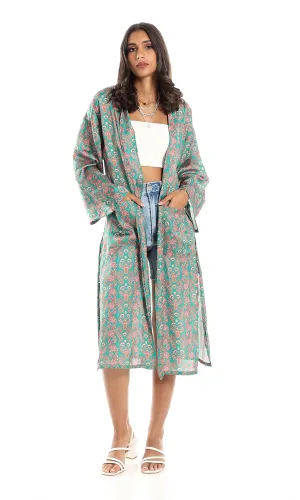 98282 Slip On Silk Accent Green & Orange Long Sleeves Cardigan
