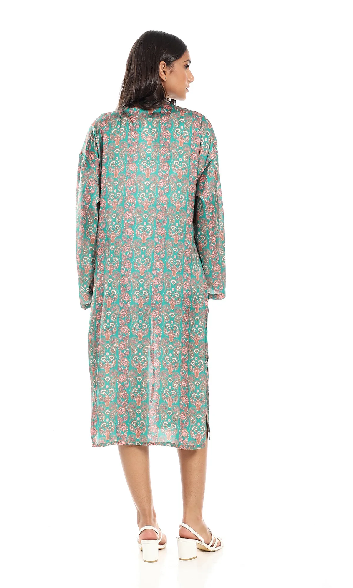 98282 Slip On Silk Accent Green & Orange Long Sleeves Cardigan