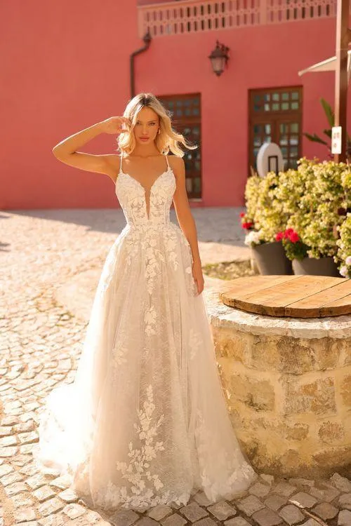 Amarra Bridal 84222 Scarlett Long Lace A Line Wedding Dress V Neck Drop Back Gown