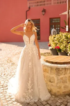 Amarra Bridal 84222 Scarlett Long Lace A Line Wedding Dress V Neck Drop Back Gown