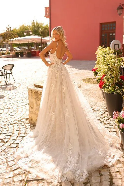 Amarra Bridal 84222 Scarlett Long Lace A Line Wedding Dress V Neck Drop Back Gown