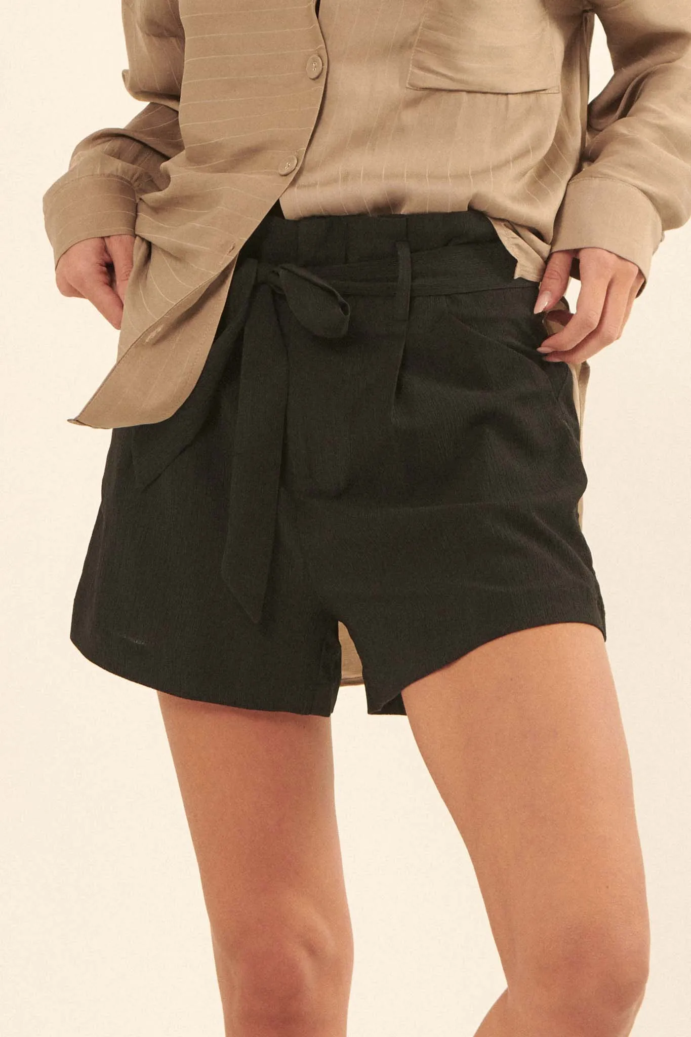 Come Alive Belted Crepe Paperbag Shorts