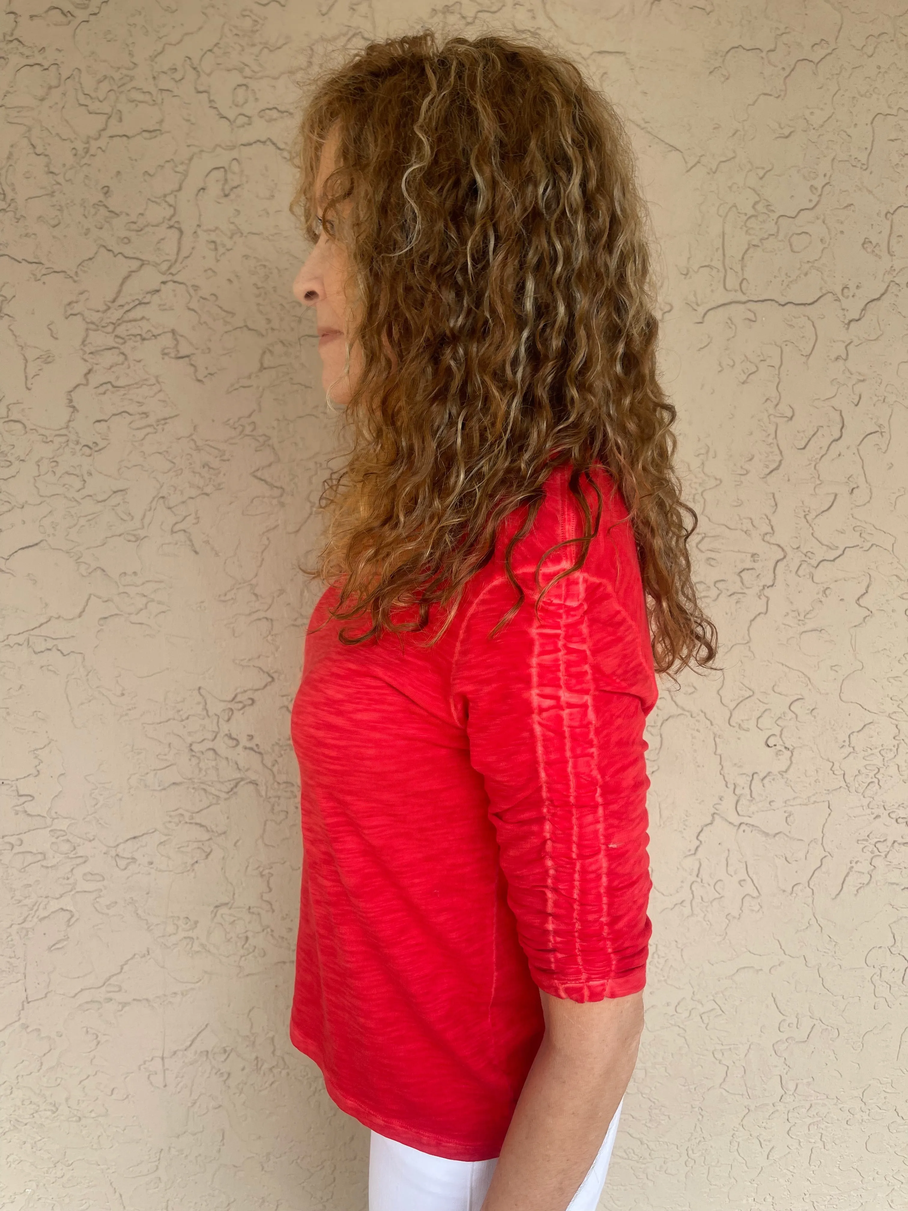 Crew Neck Ruched Sleeve Tee - Poppy