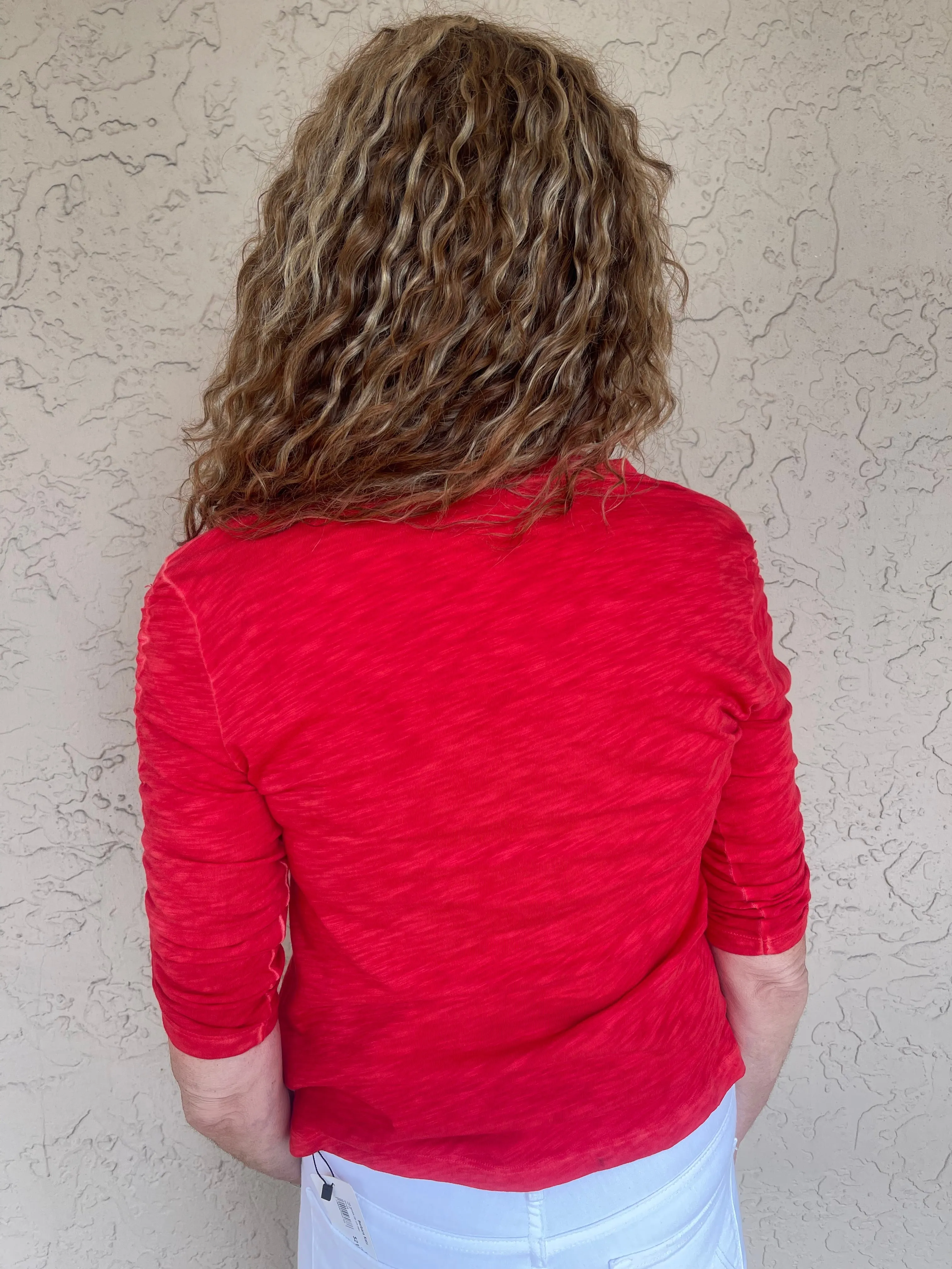 Crew Neck Ruched Sleeve Tee - Poppy