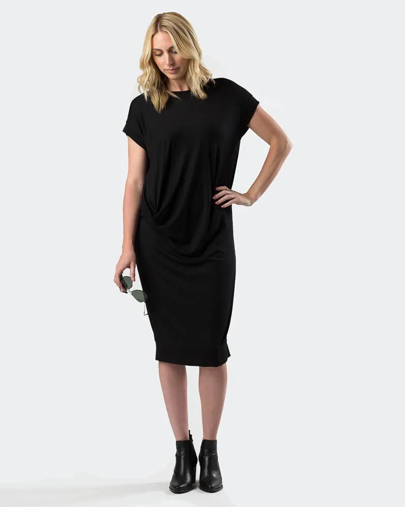 Draped Cupro Midi Dress in Black
