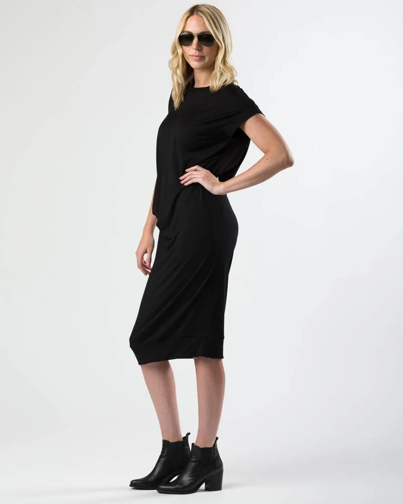 Draped Cupro Midi Dress in Black