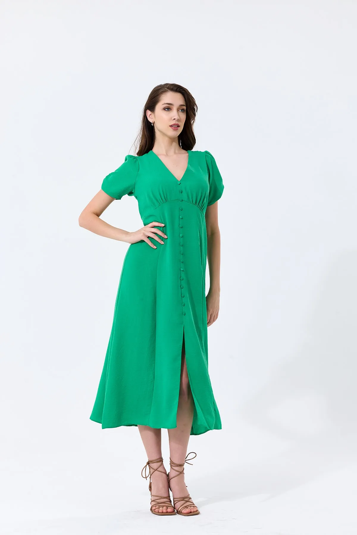 Effortless Button-Up Midi Dress in Soft Green Linen