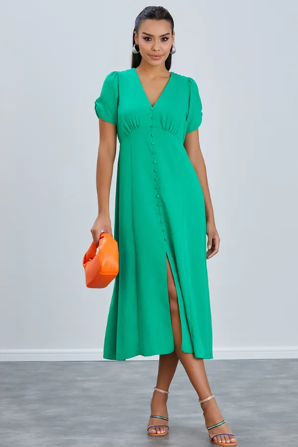 Effortless Button-Up Midi Dress in Soft Green Linen