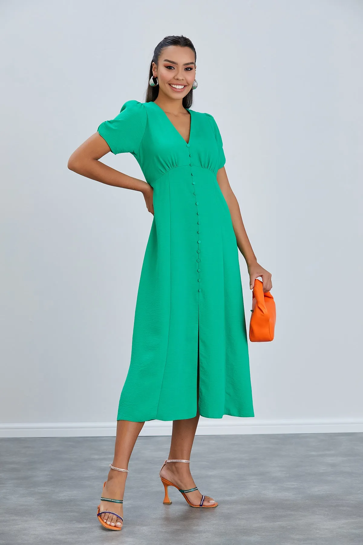 Effortless Button-Up Midi Dress in Soft Green Linen