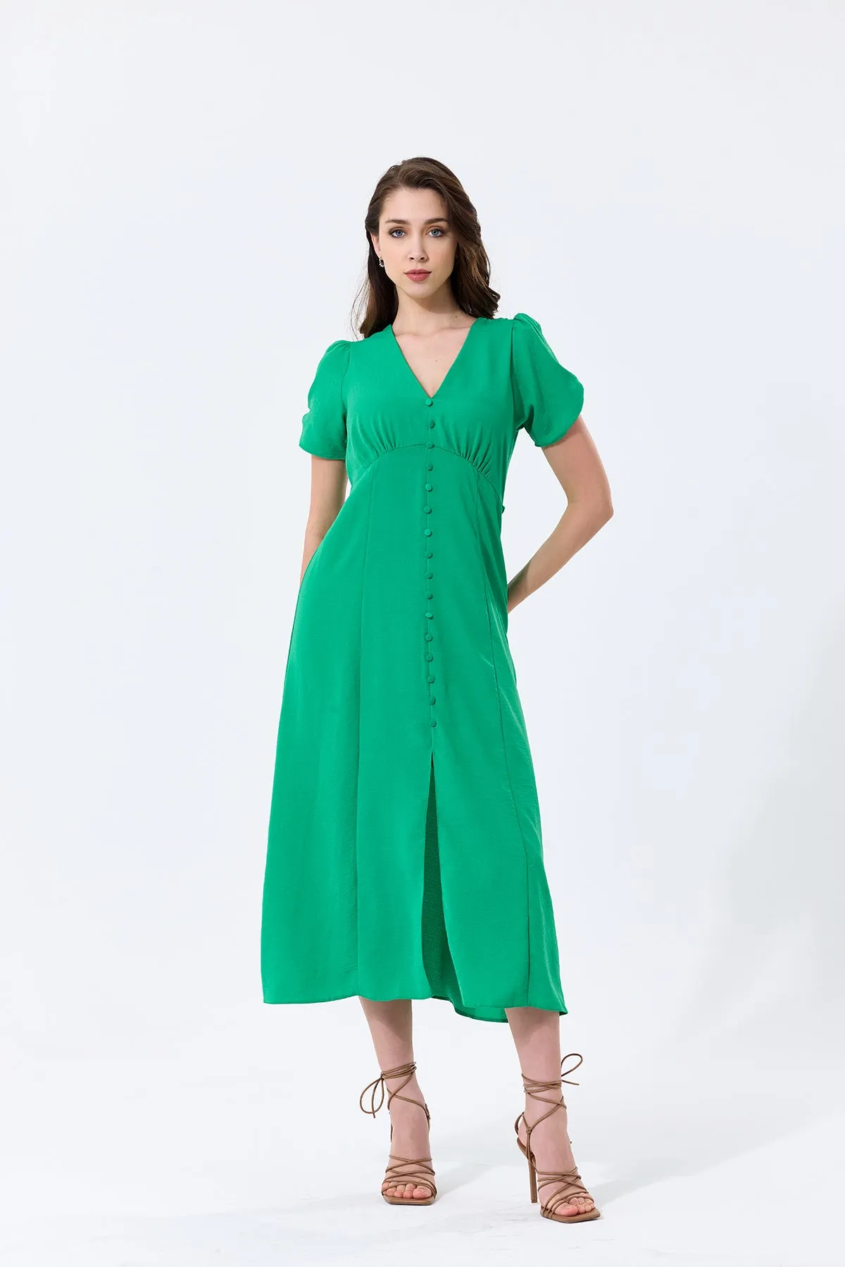 Effortless Button-Up Midi Dress in Soft Green Linen
