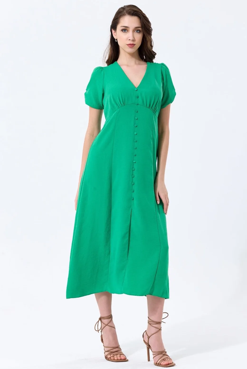 Effortless Button-Up Midi Dress in Soft Green Linen