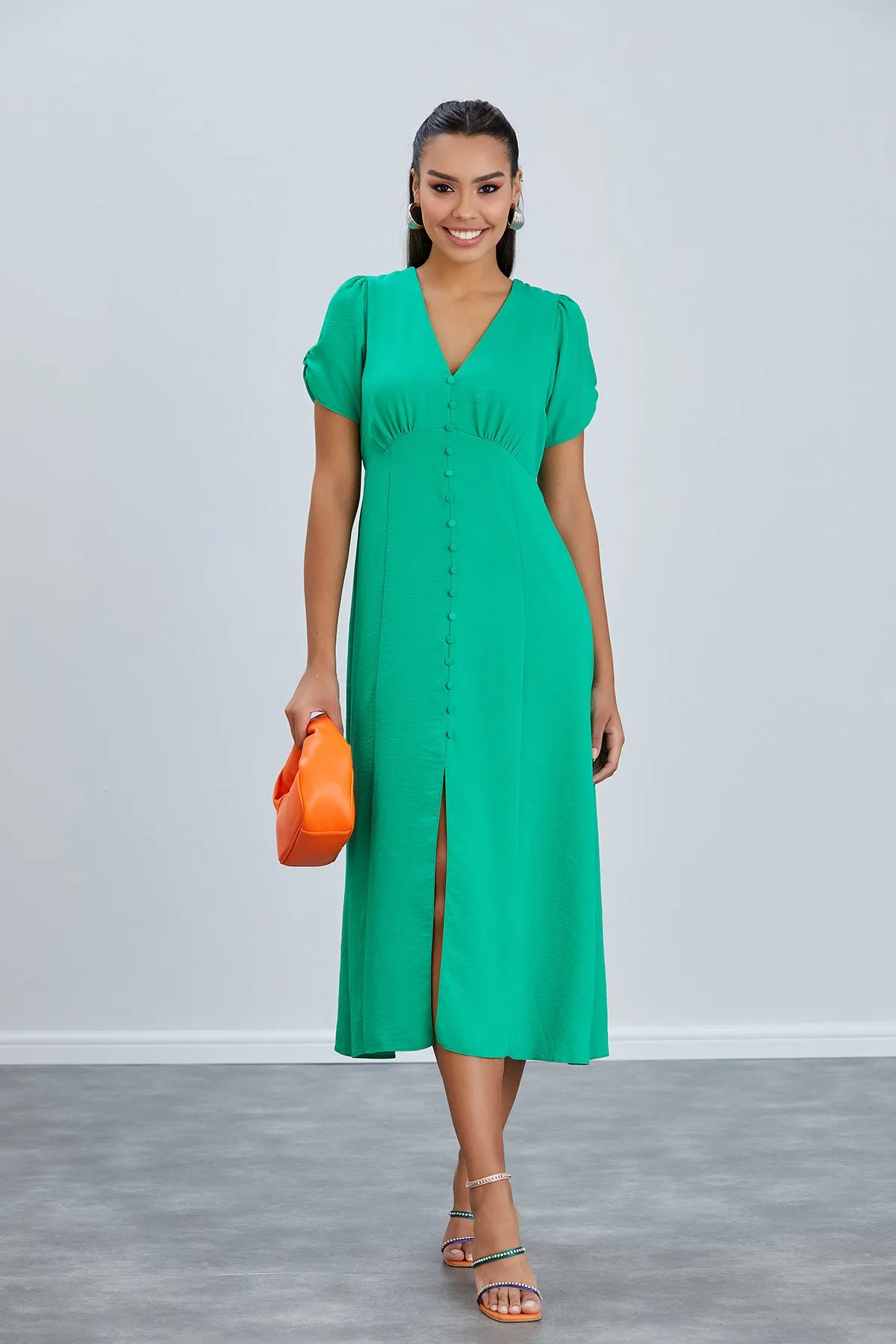 Effortless Button-Up Midi Dress in Soft Green Linen