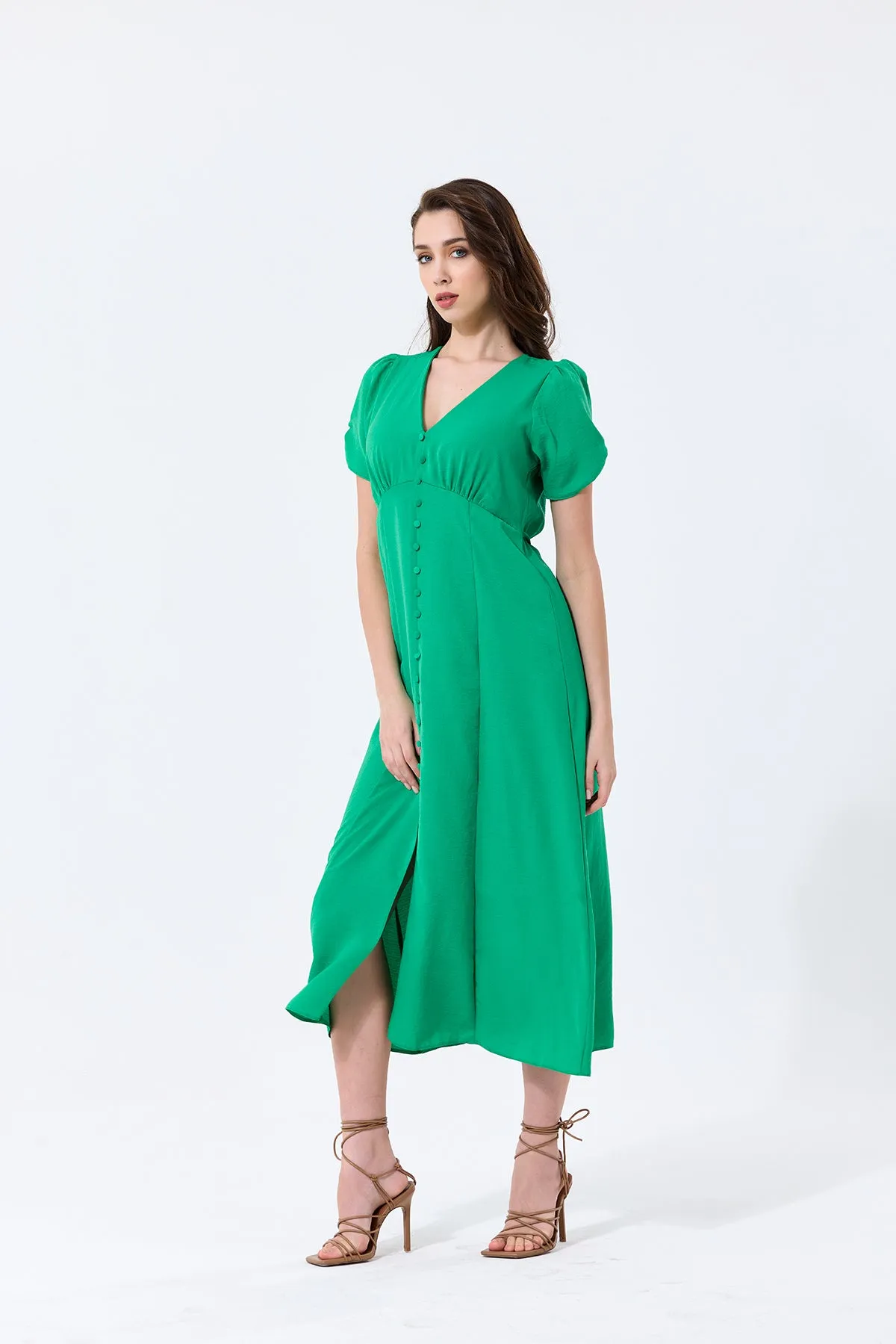 Effortless Button-Up Midi Dress in Soft Green Linen