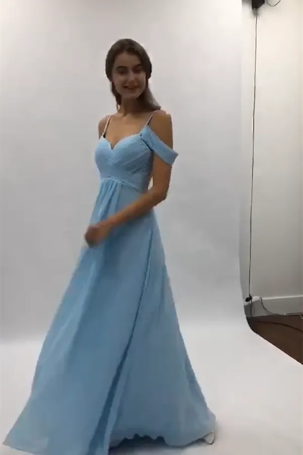 Flowy A-line Light Blue Chiffon Long Prom Dresses