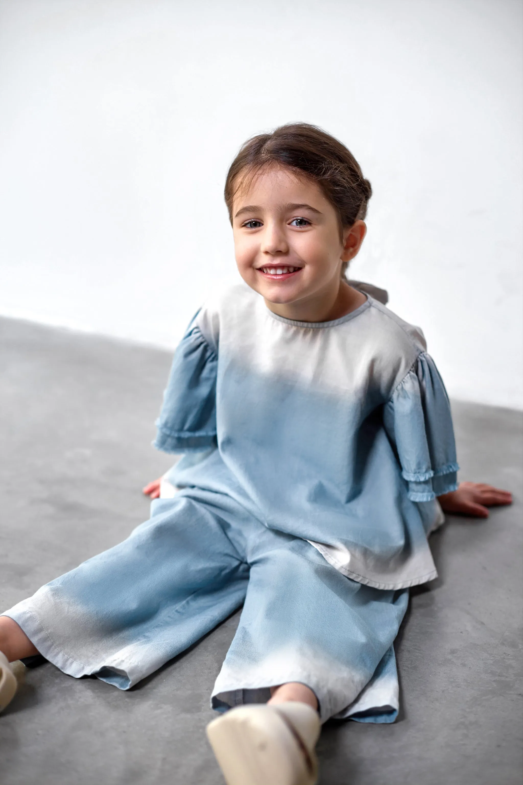 Girls Distressed Chambray Flared Top | Light Blue