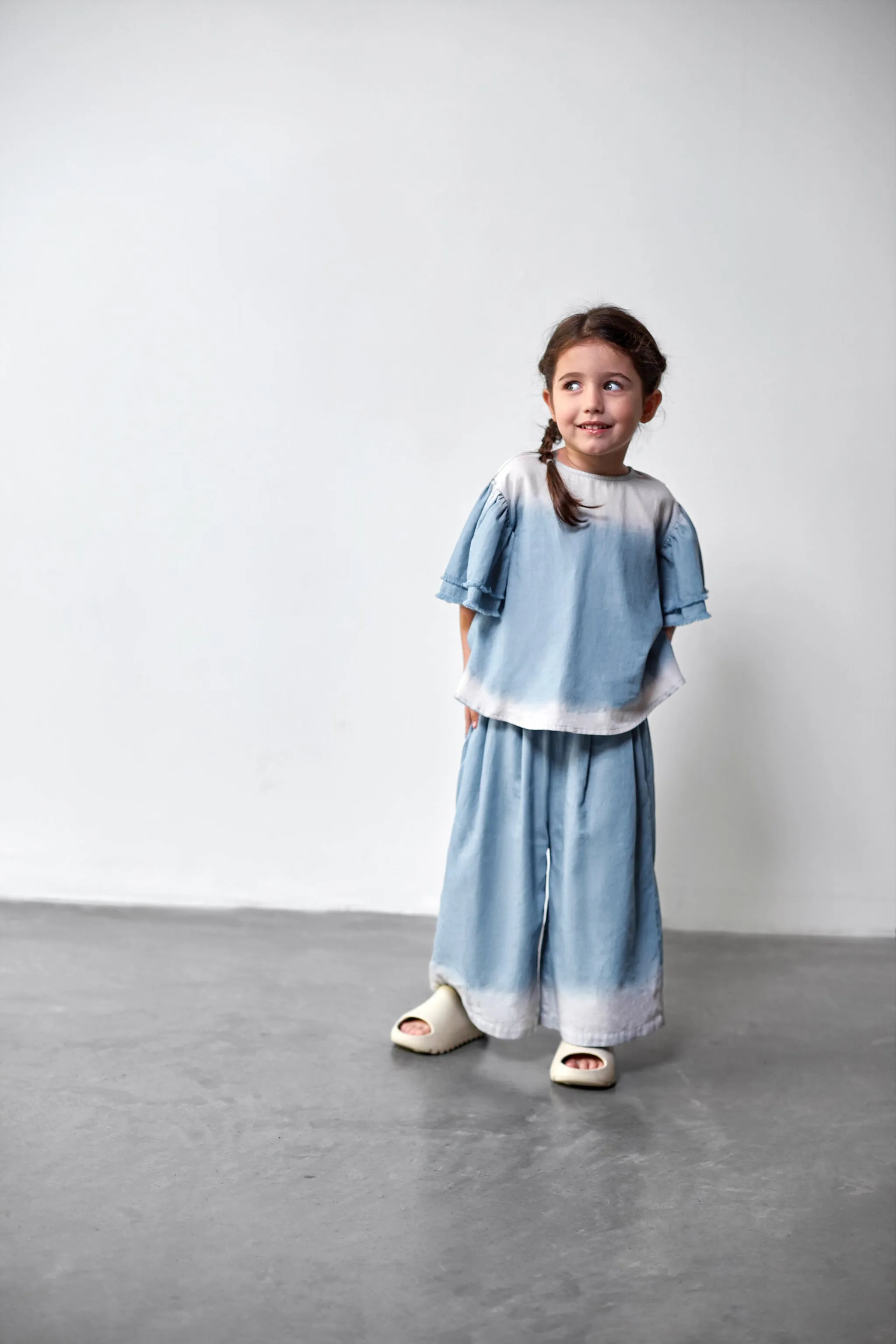 Girls Distressed Chambray Flared Top | Light Blue