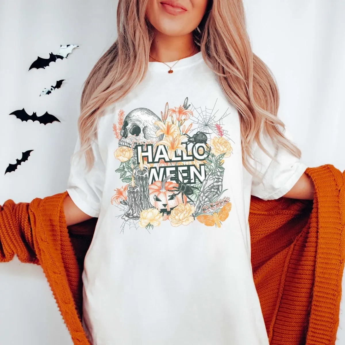 Halloween Skulls And Flowers Wholesale Comfort Color Graphic Tee - Fast Shipping