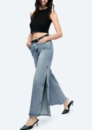 High Rise Wide Leg Denim Jeans With Slit - High Waisted Jeans