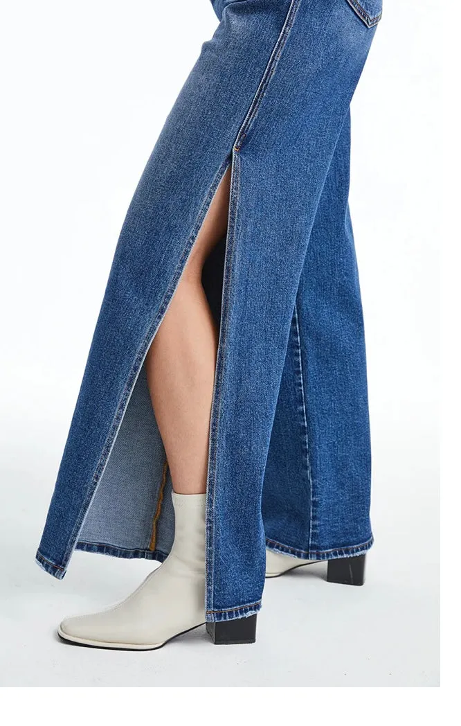 High Rise Wide Leg Denim Jeans With Slit - High Waisted Jeans