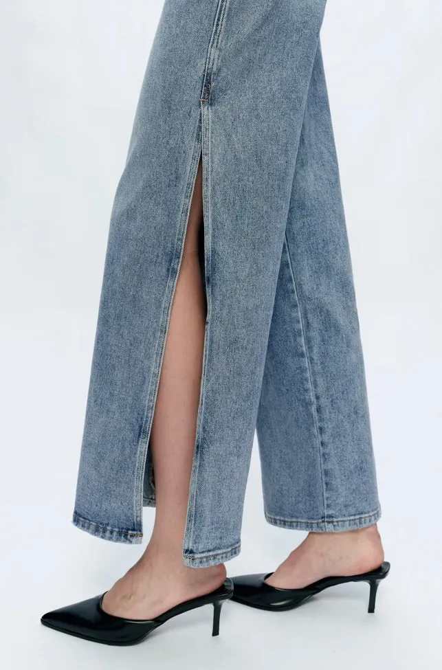 High Rise Wide Leg Denim Jeans With Slit - High Waisted Jeans