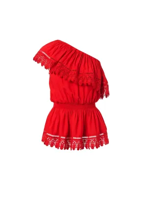 Joanna Red One Shoulder Embroidered Frill Top