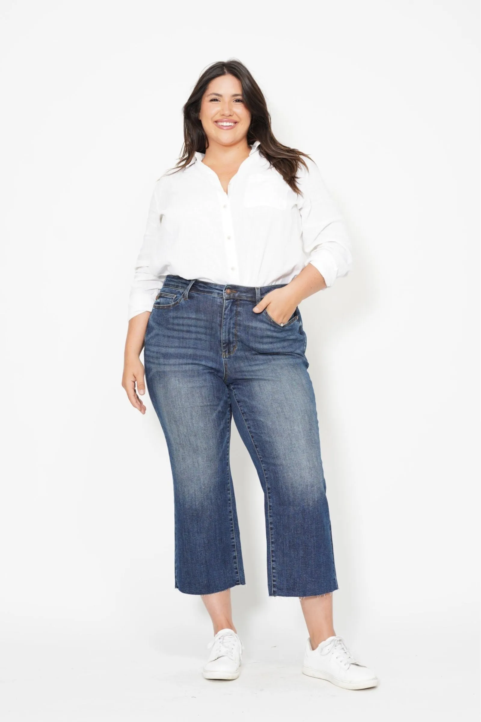 Kimi - Judy Blue HW Crop Wide Leg Jeans with W/Embroidery Pocket