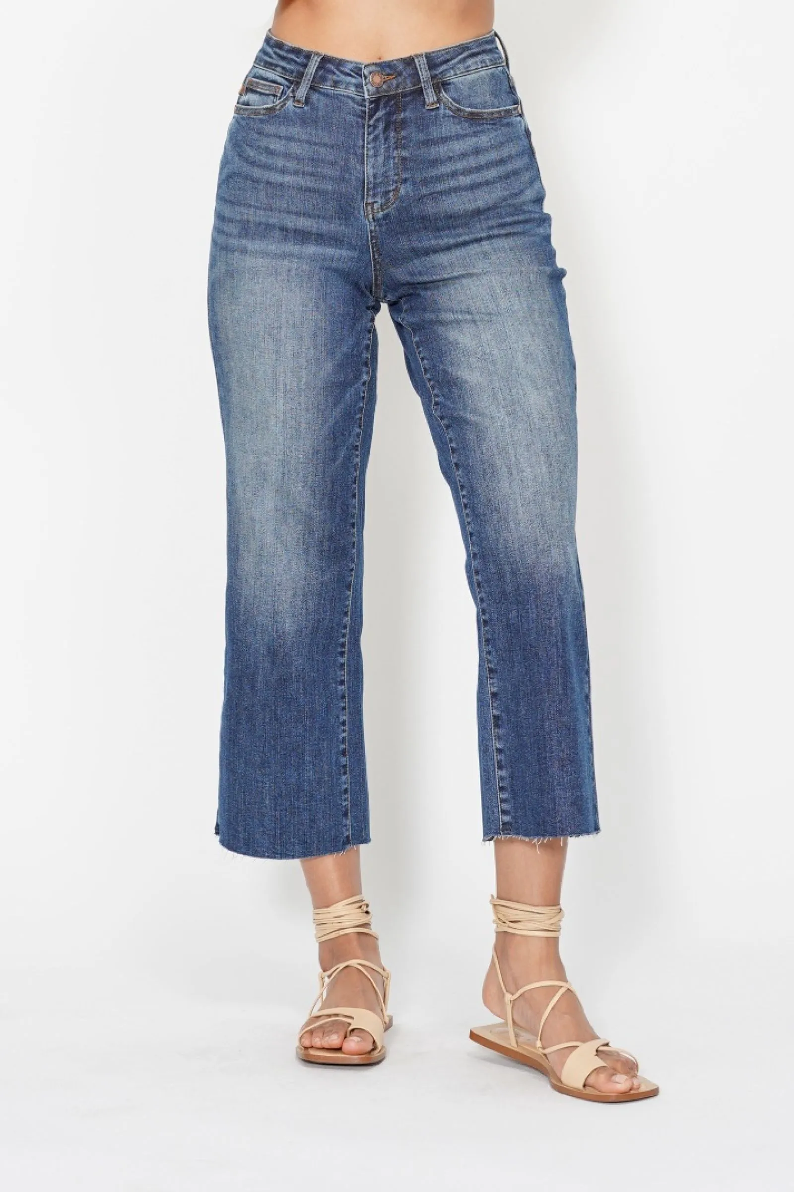 Kimi - Judy Blue HW Crop Wide Leg Jeans with W/Embroidery Pocket