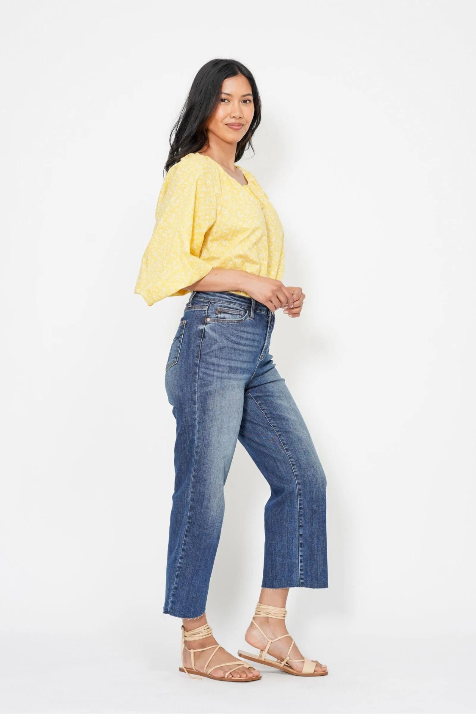 Kimi - Judy Blue HW Crop Wide Leg Jeans with W/Embroidery Pocket
