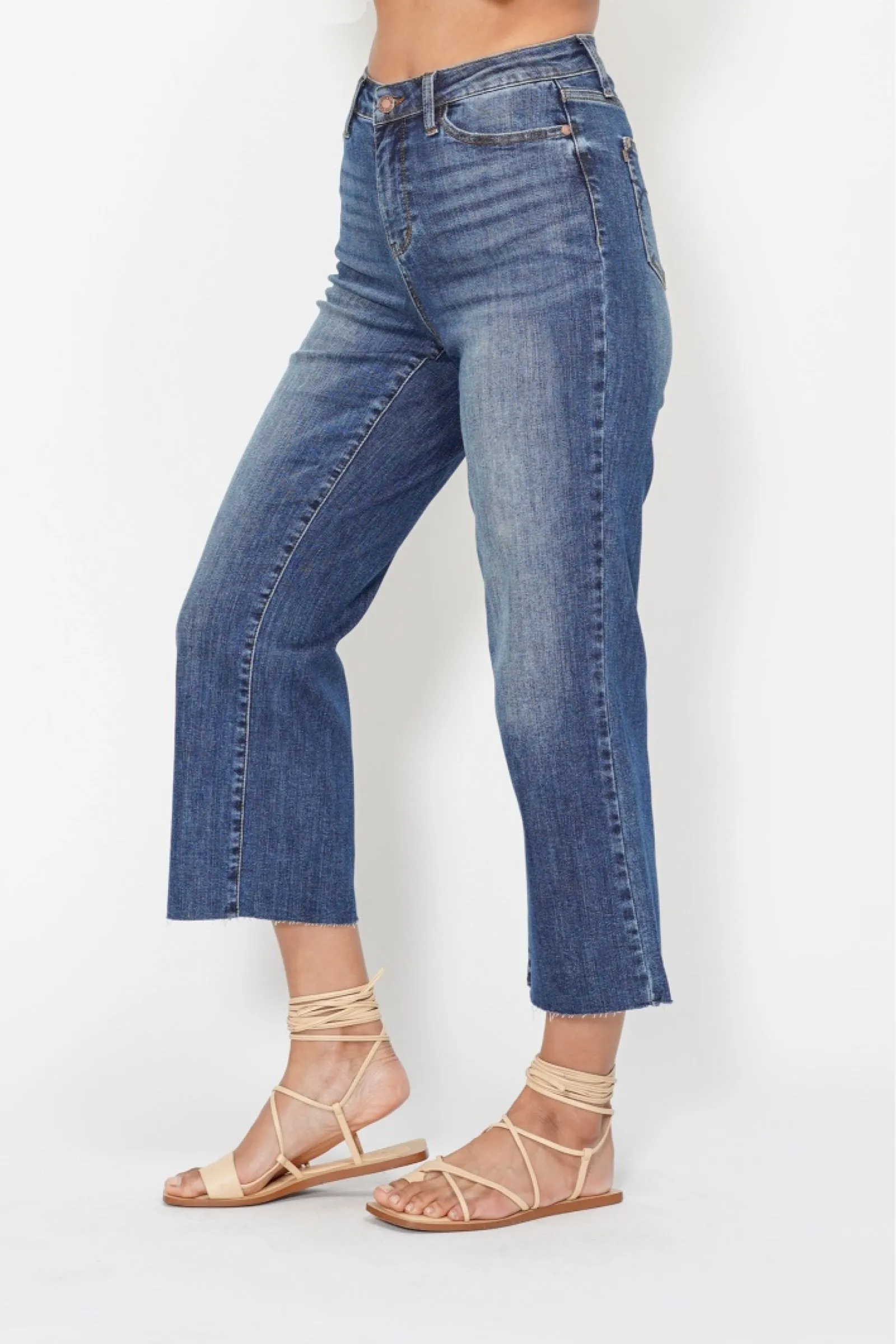 Kimi - Judy Blue HW Crop Wide Leg Jeans with W/Embroidery Pocket