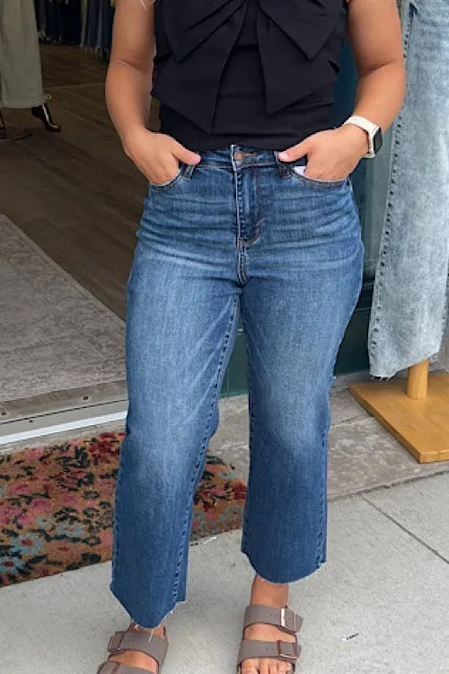 Kimi - Judy Blue HW Crop Wide Leg Jeans with W/Embroidery Pocket