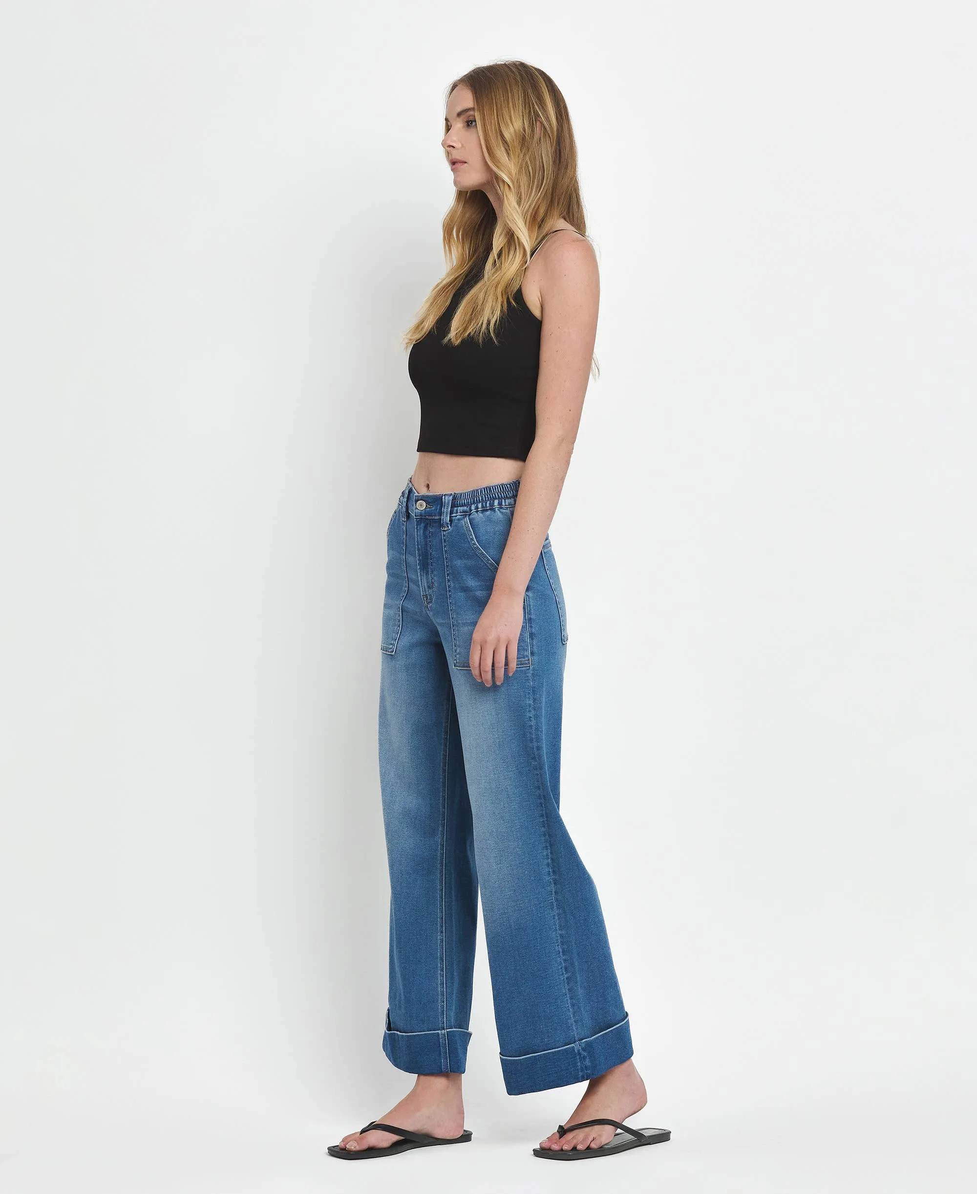 Kris High Rise Double Cuffed Baggy Wide Jeans
