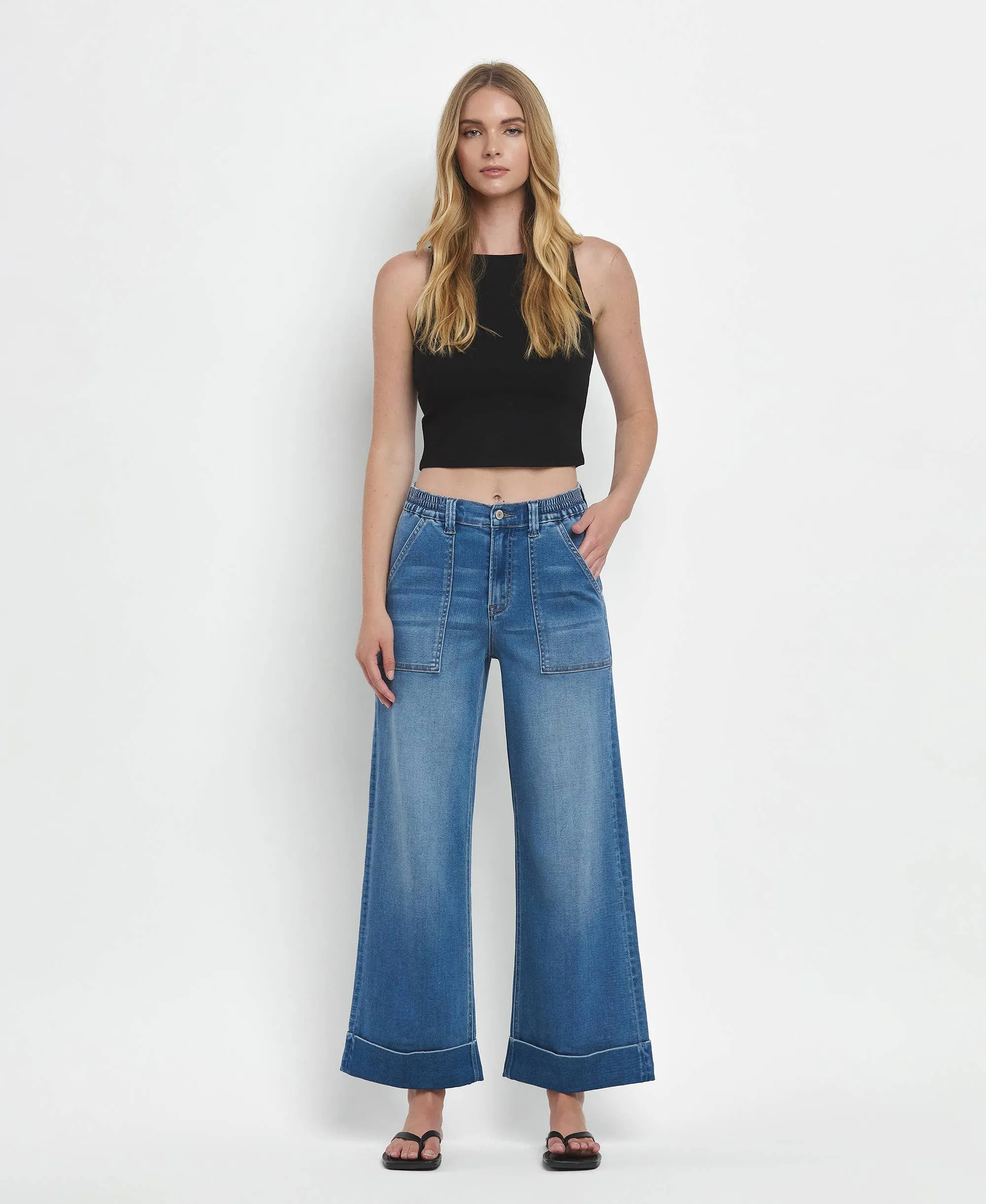 Kris High Rise Double Cuffed Baggy Wide Jeans