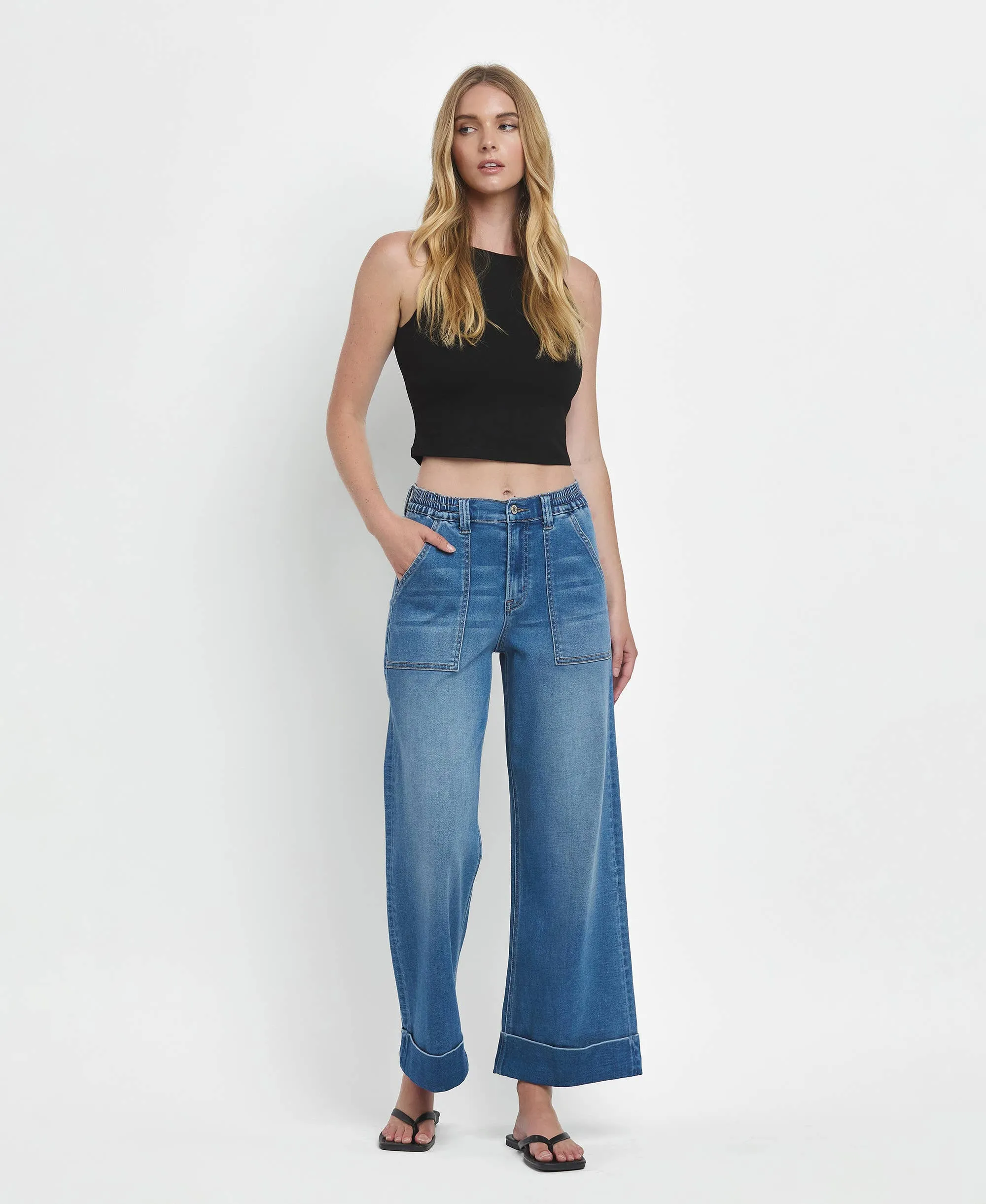 Kris High Rise Double Cuffed Baggy Wide Jeans