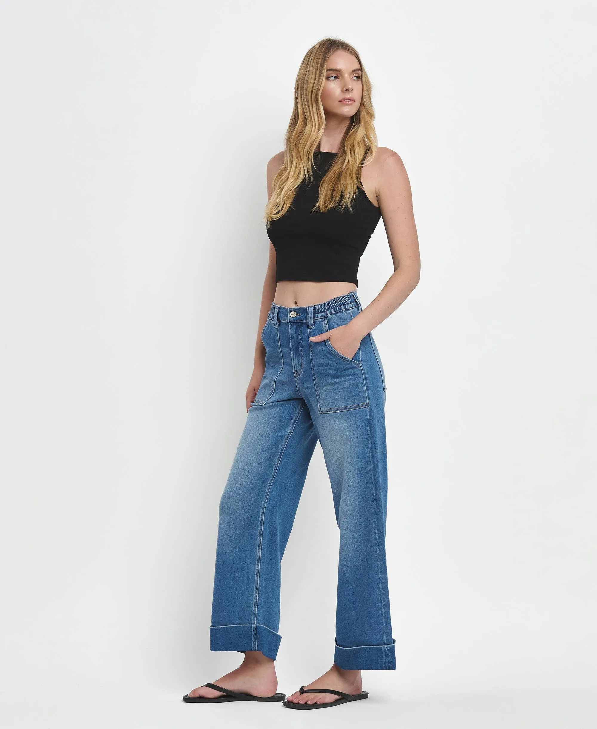 Kris High Rise Double Cuffed Baggy Wide Jeans