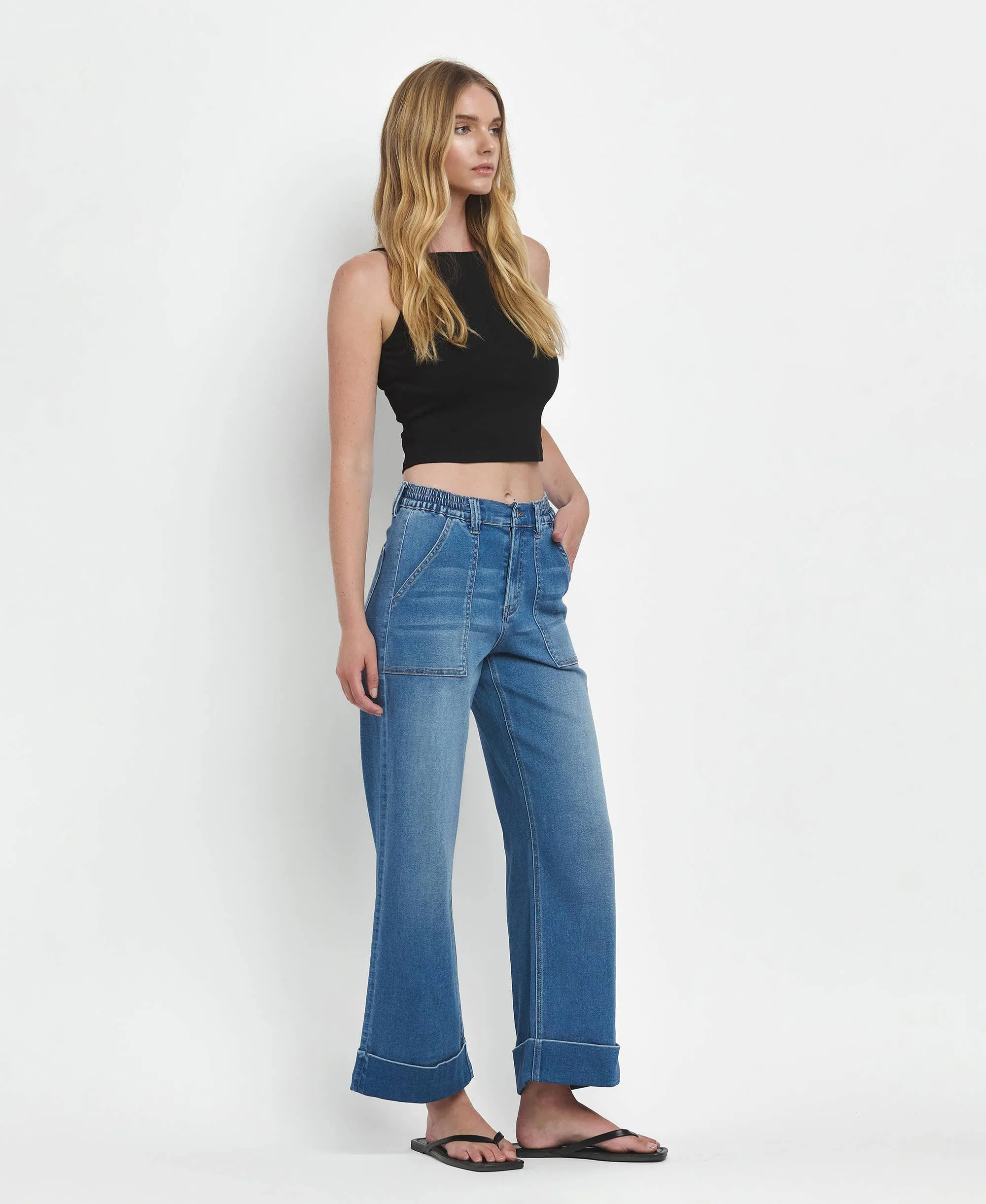 Kris High Rise Double Cuffed Baggy Wide Jeans