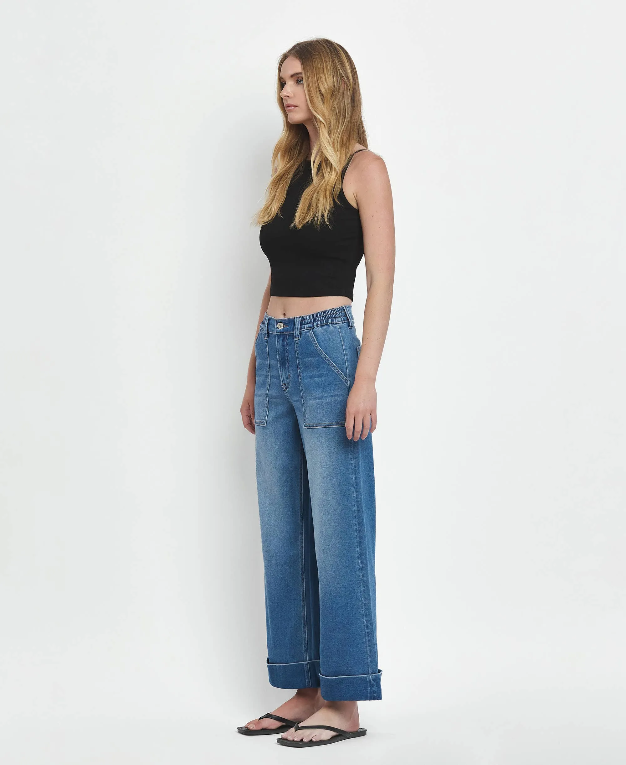 Kris High Rise Double Cuffed Baggy Wide Jeans