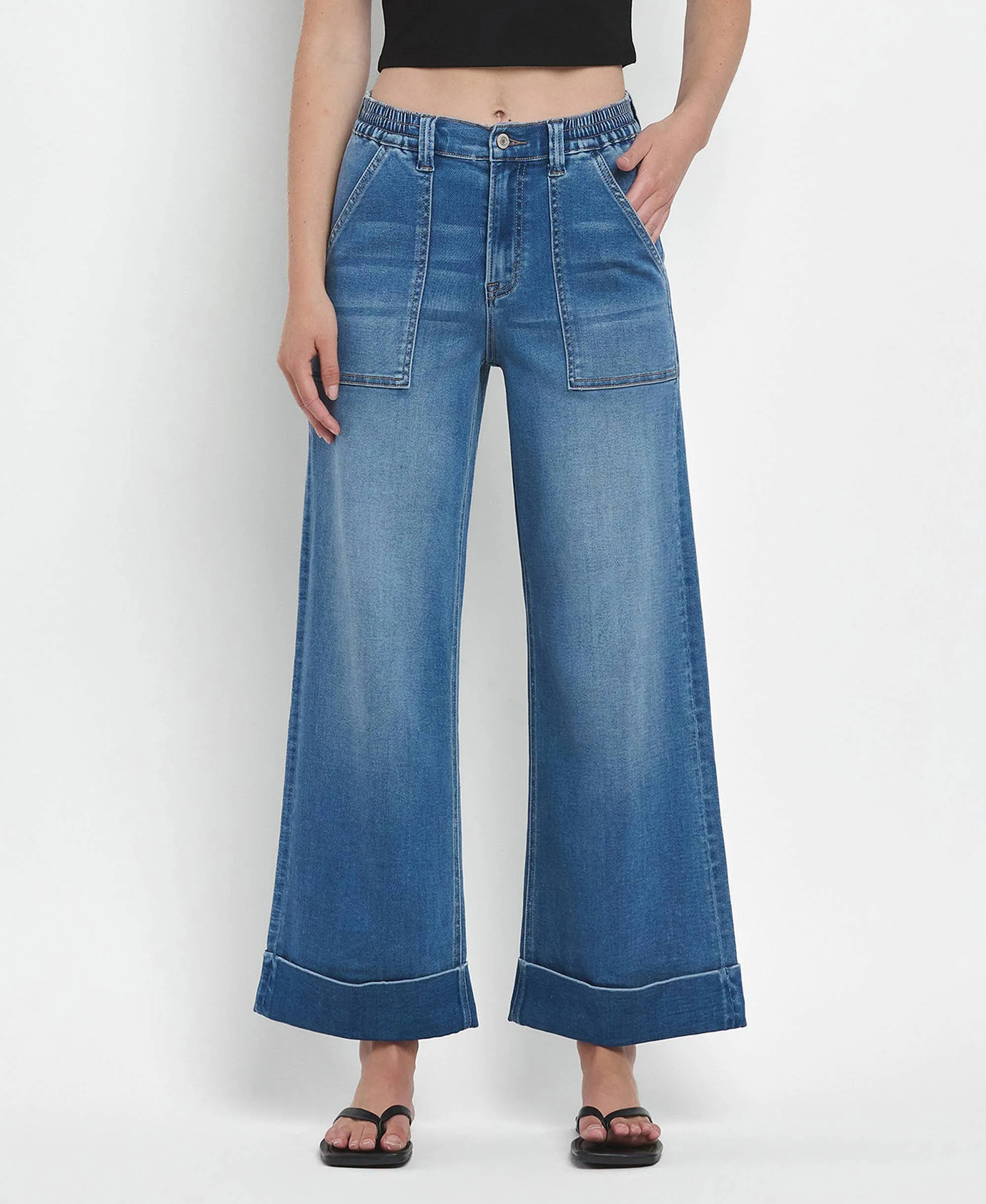 Kris High Rise Double Cuffed Baggy Wide Jeans