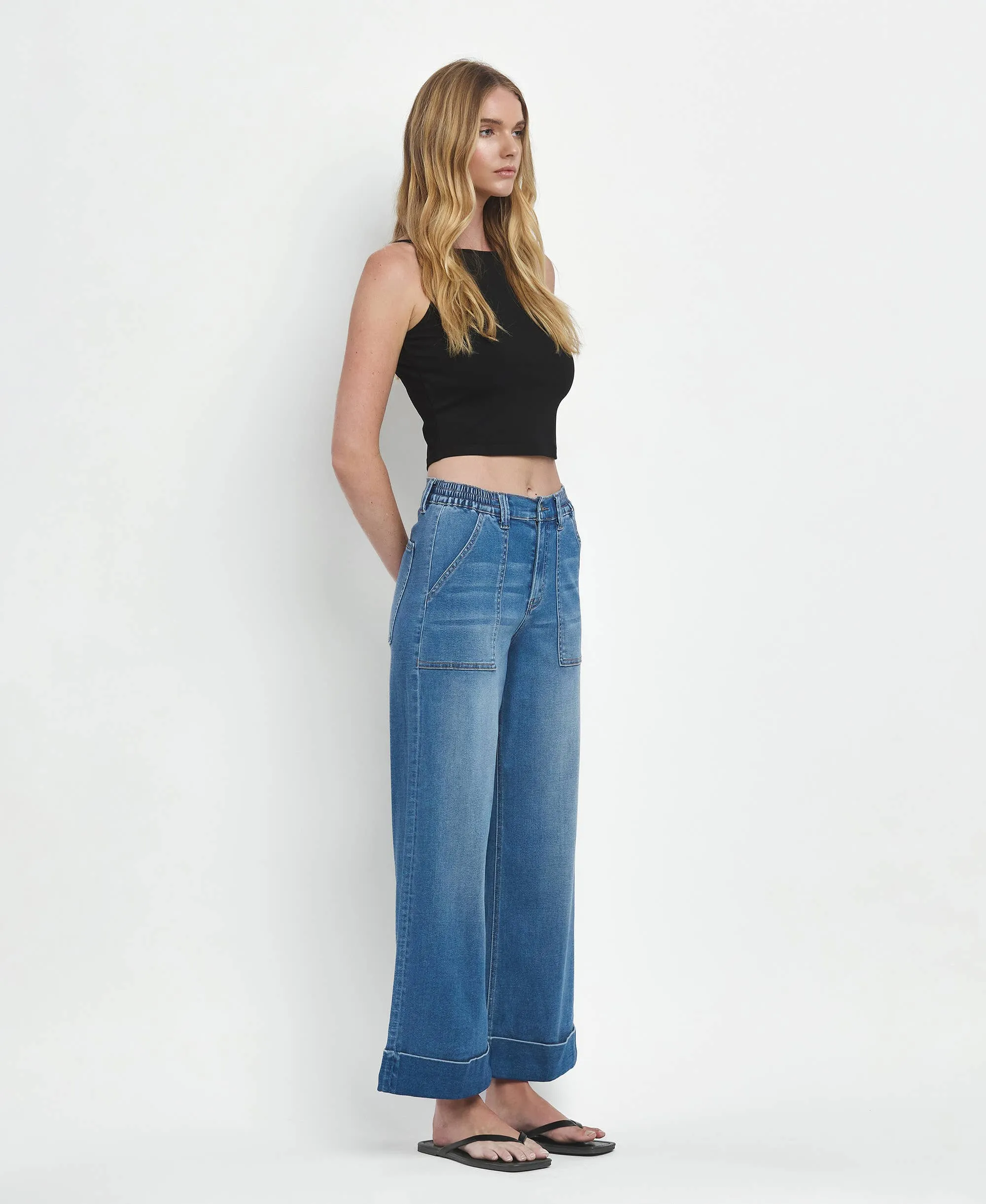 Kris High Rise Double Cuffed Baggy Wide Jeans