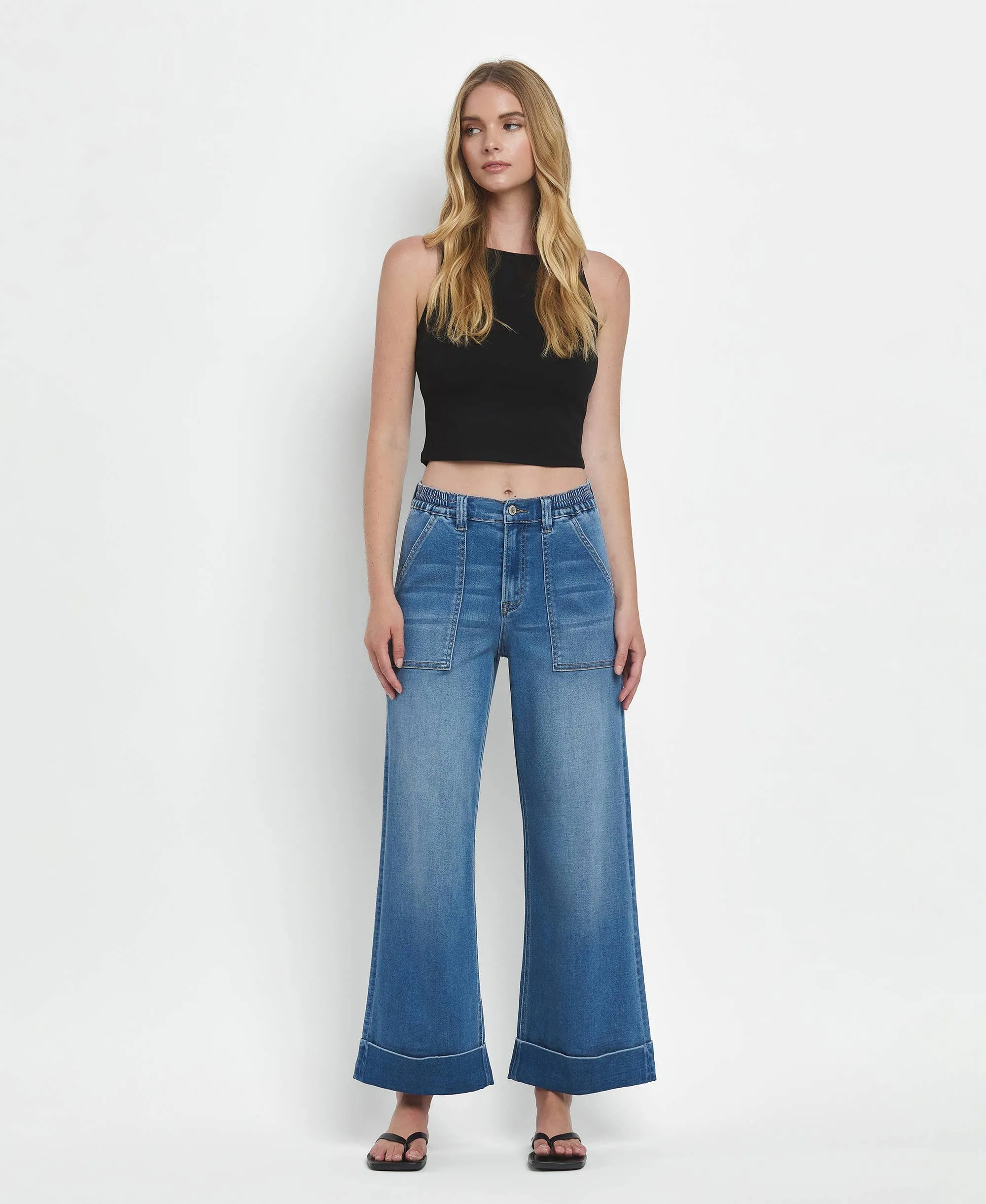 Kris High Rise Double Cuffed Baggy Wide Jeans