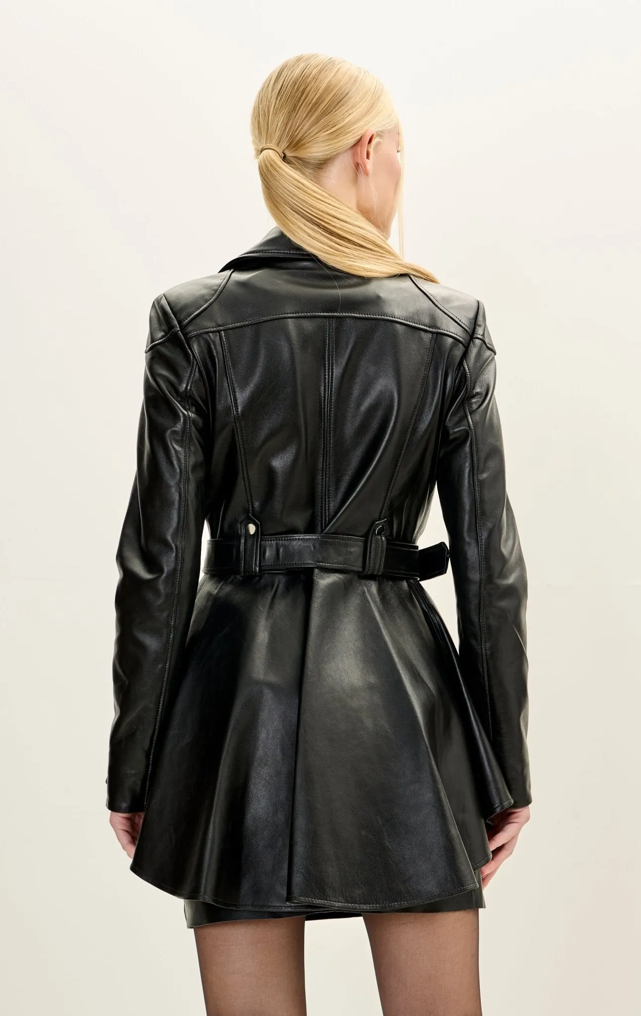 Lambskin Leather Fitted Peplum Jacket- Black
