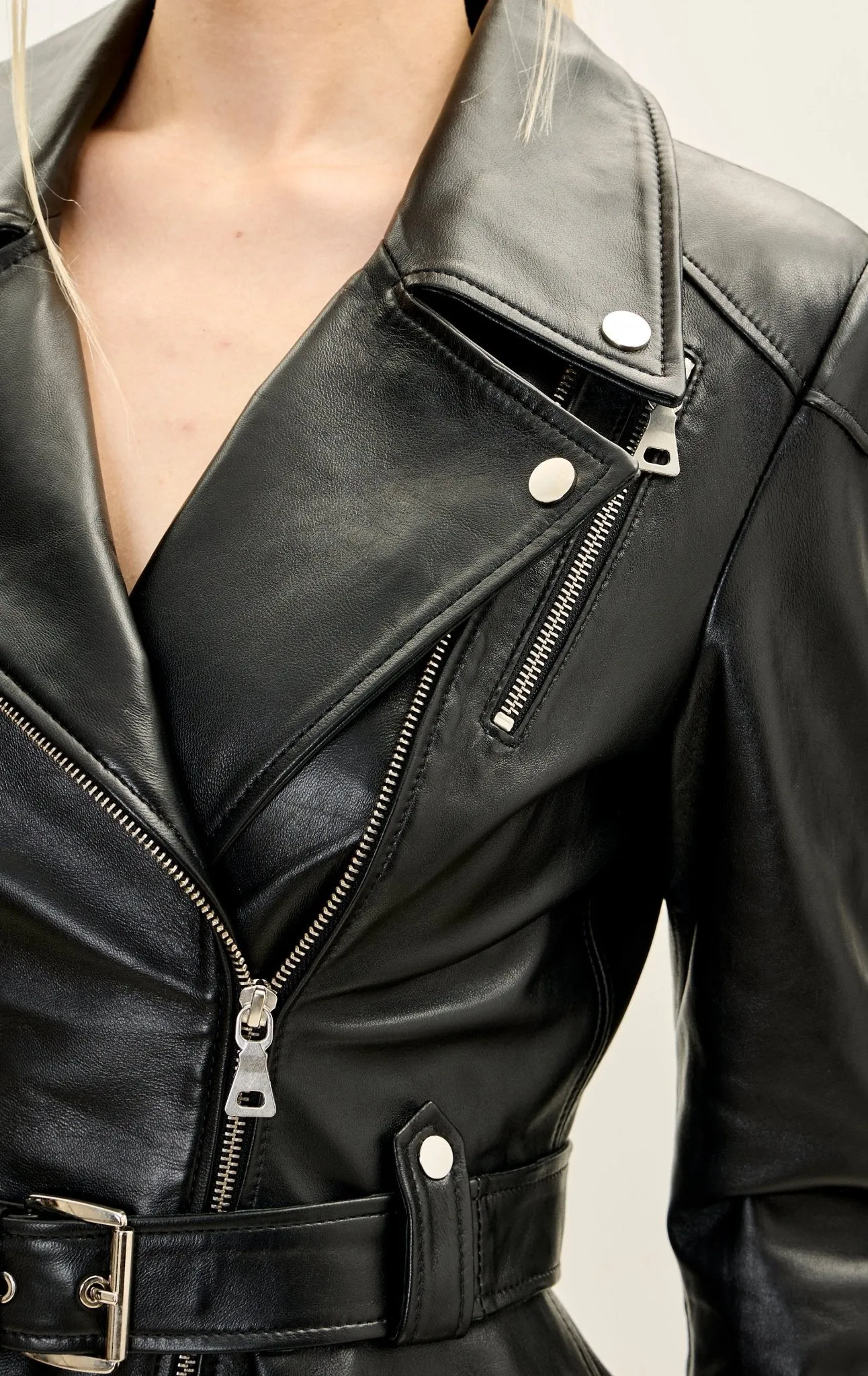 Lambskin Leather Fitted Peplum Jacket- Black
