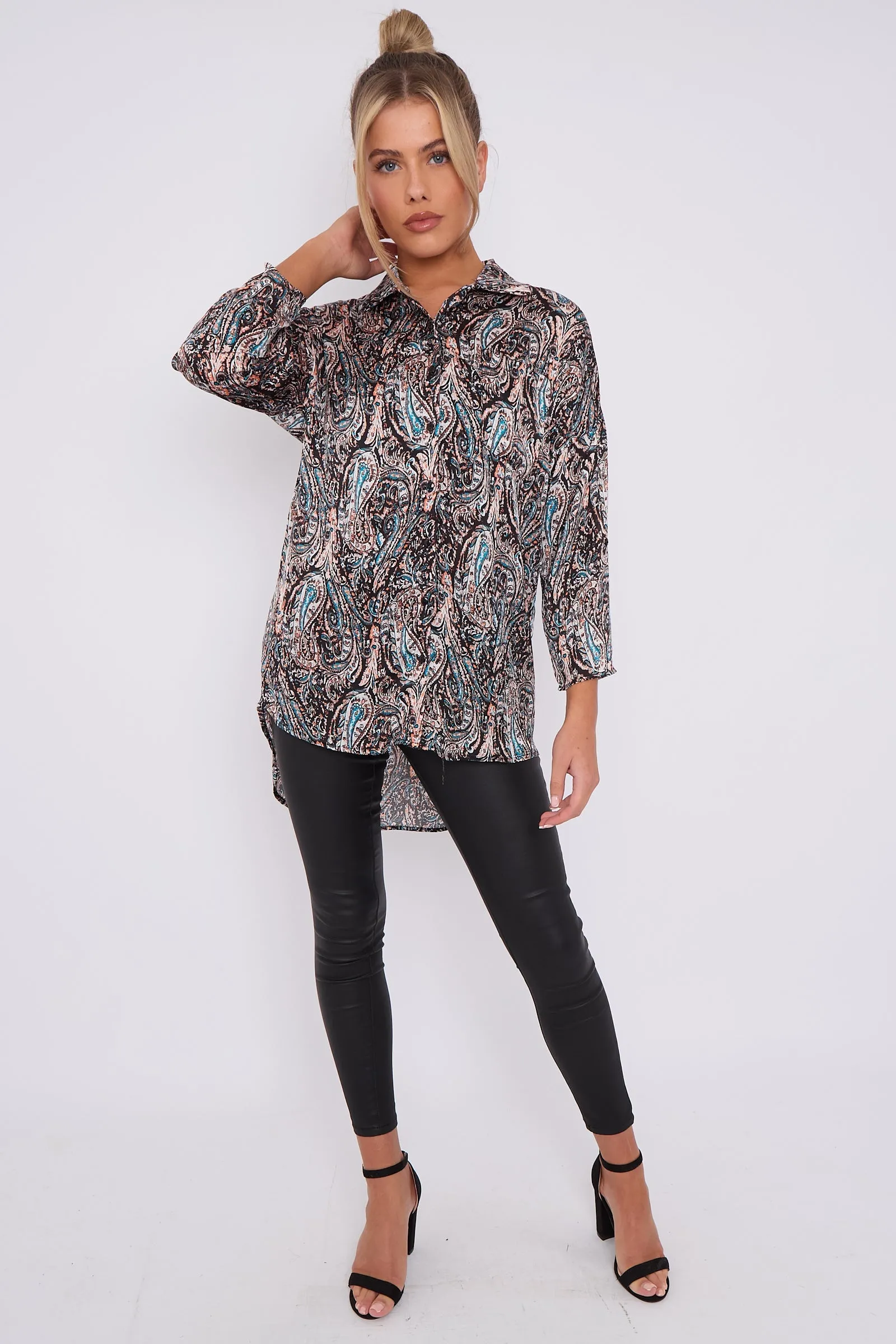 LOVE SUNSHINE Black Paisley Print Layer Satin Oversized Shirt