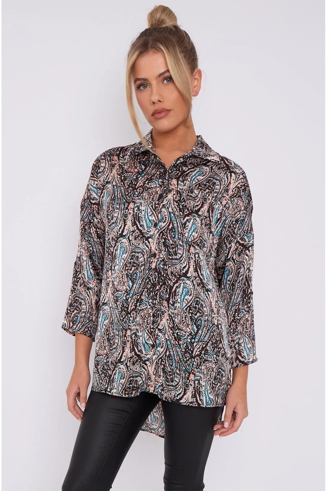 LOVE SUNSHINE Black Paisley Print Layer Satin Oversized Shirt