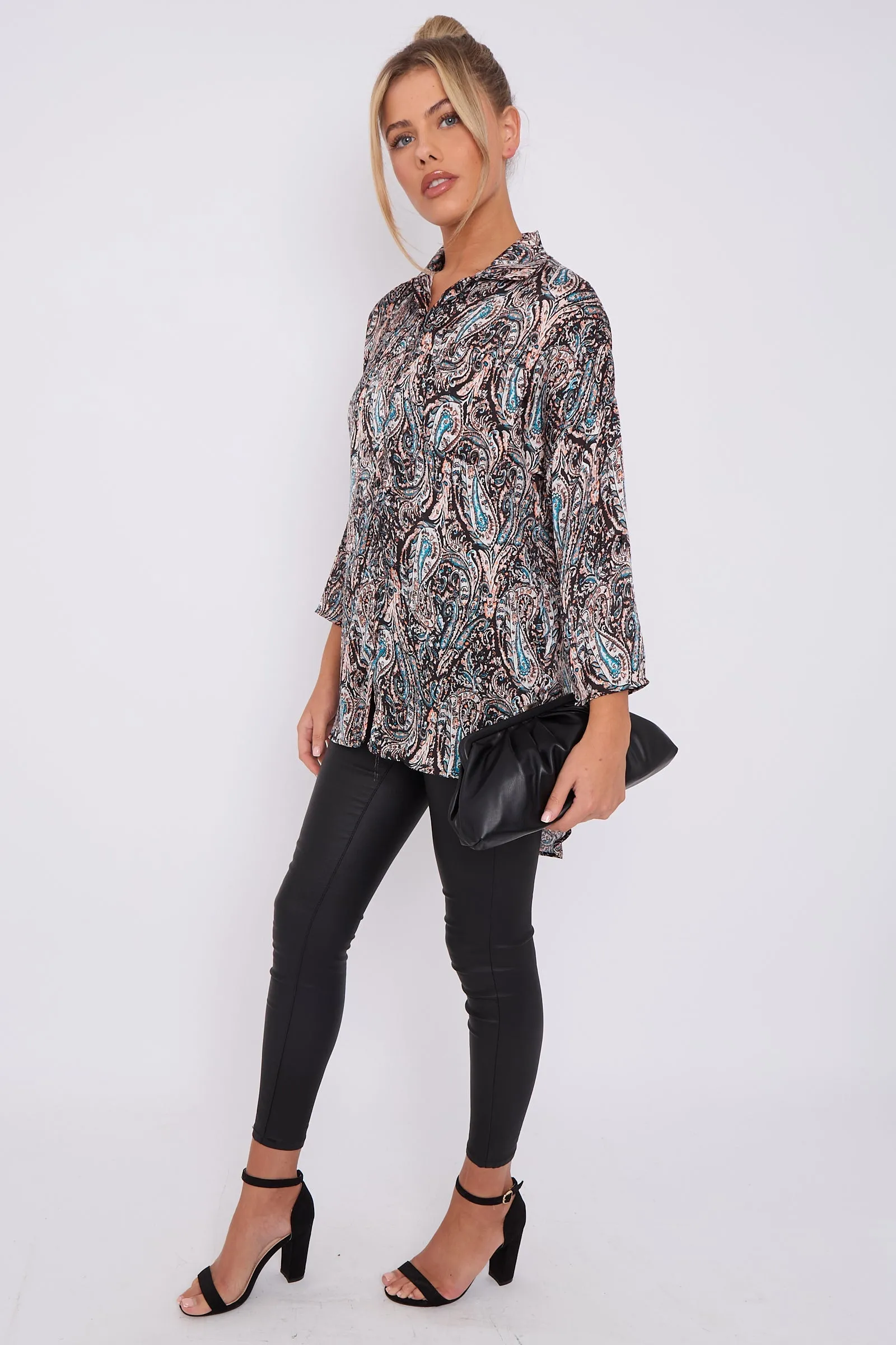 LOVE SUNSHINE Black Paisley Print Layer Satin Oversized Shirt