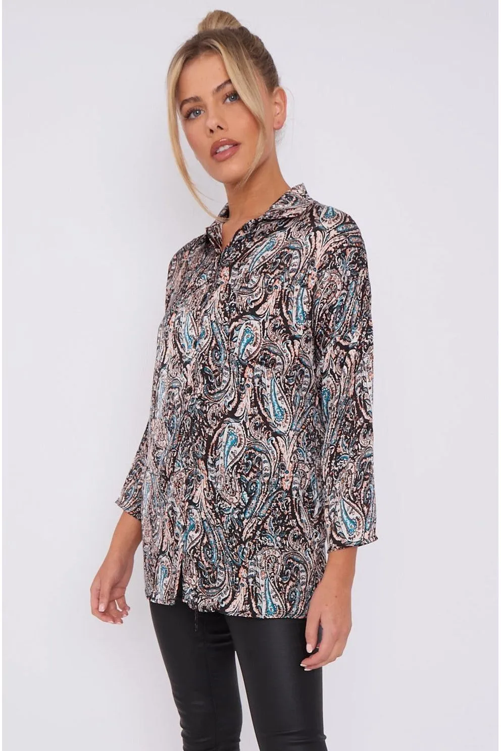 LOVE SUNSHINE Black Paisley Print Layer Satin Oversized Shirt