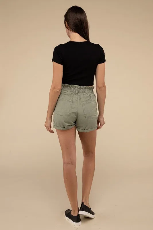 Love Tree Double Buttoned Paper Bag Waistband Denim Shorts
