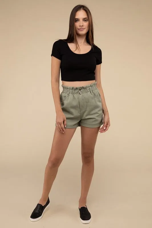 Love Tree Double Buttoned Paper Bag Waistband Denim Shorts