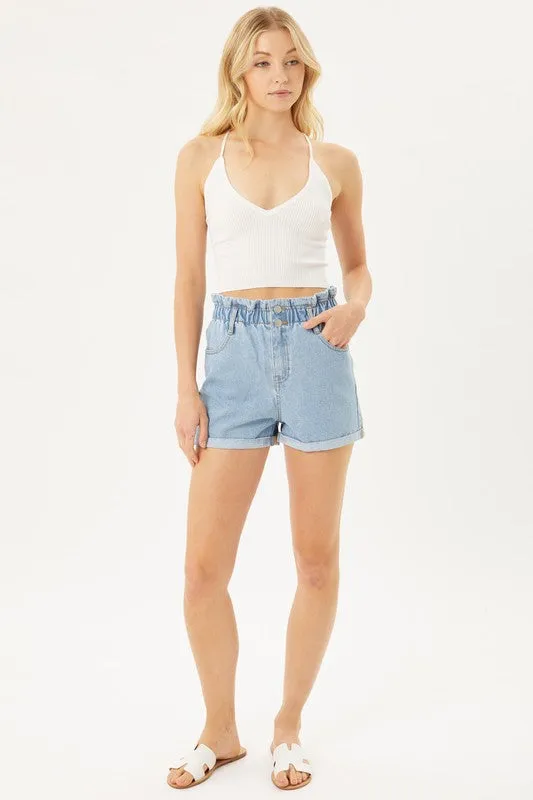 Love Tree Double Buttoned Paper Bag Waistband Denim Shorts