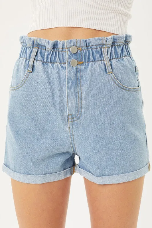 Love Tree Double Buttoned Paper Bag Waistband Denim Shorts