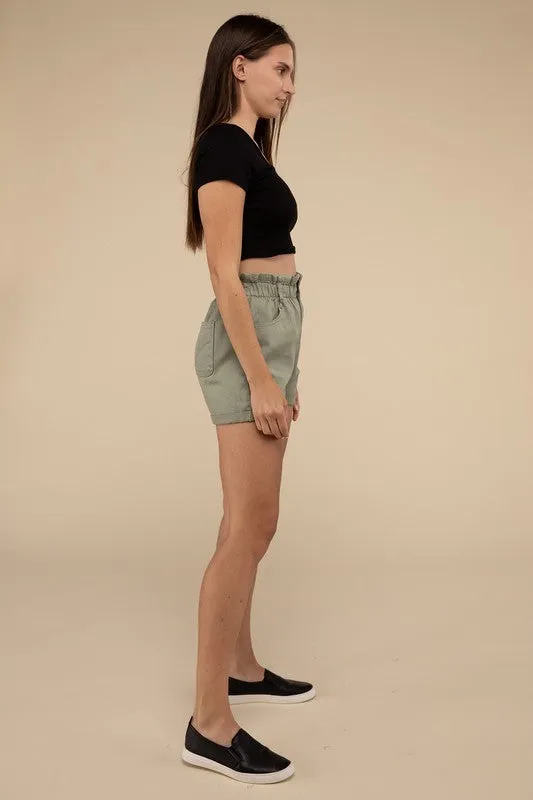 Love Tree Double Buttoned Paper Bag Waistband Denim Shorts